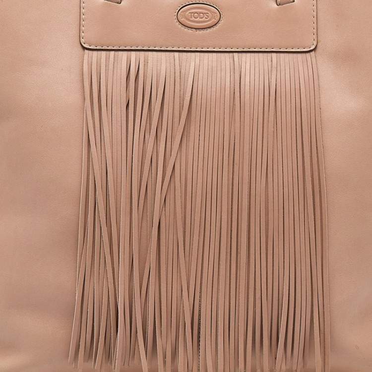 Pre Owned Tod's Beige Leather Fringe Media Shopper Tote