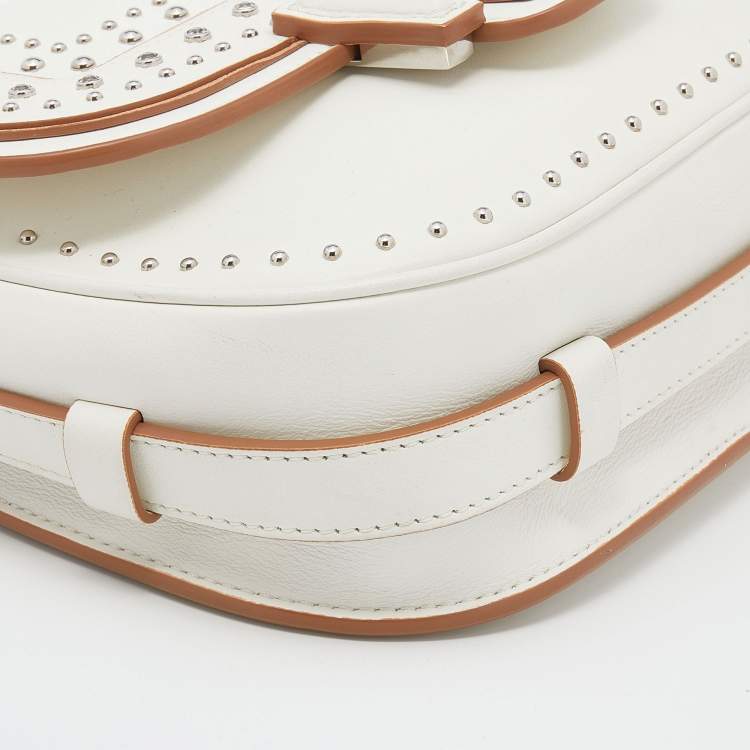 Pre Owned Tod's White Leather Studded Double T Saddle Bag