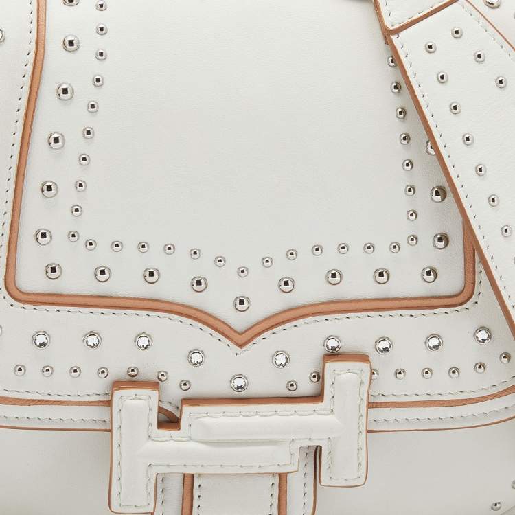 Pre Owned Tod's White Leather Studded Double T Saddle Bag