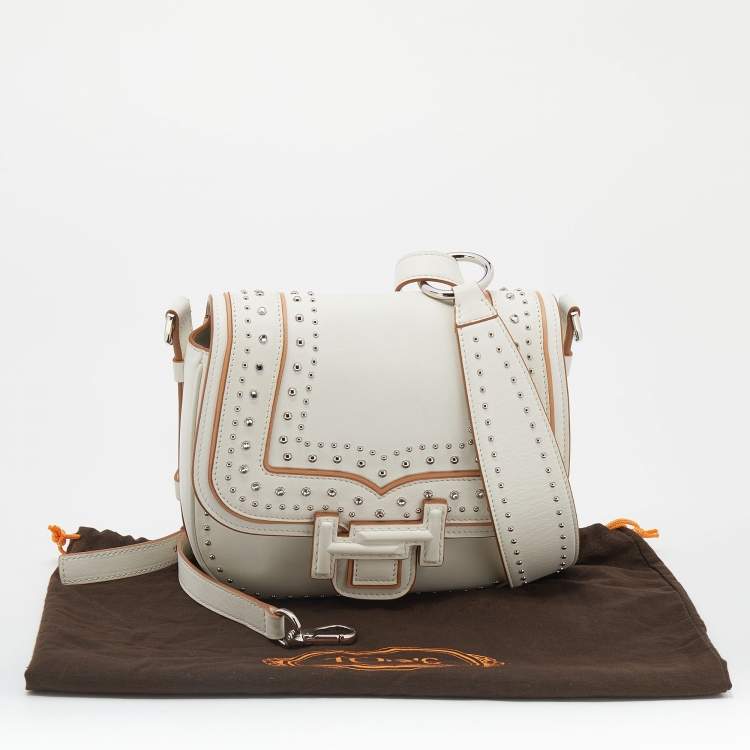 Pre Owned Tod's White Leather Studded Double T Saddle Bag