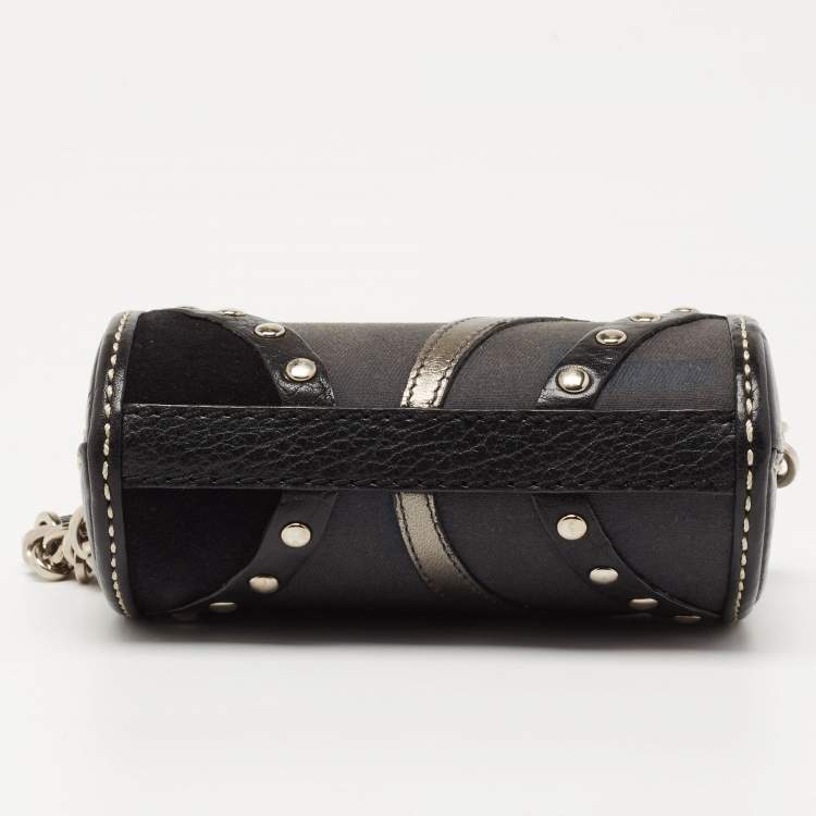 Pre Owned Tod's Black Leather and Canvas Studded Flap Shoulder Bag