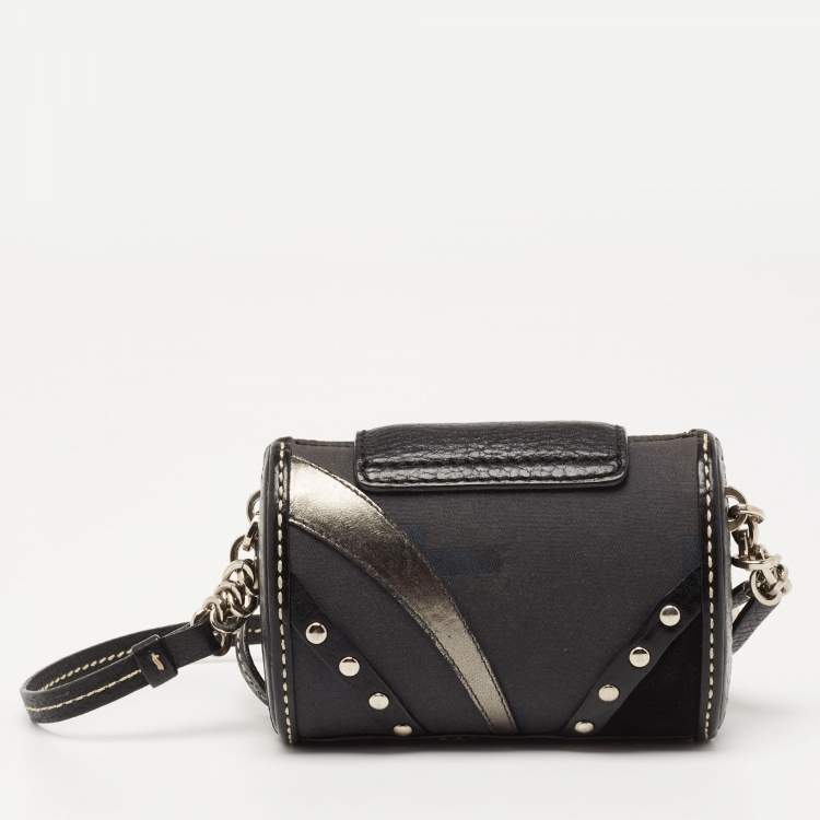 Pre Owned Tod's Black Leather and Canvas Studded Flap Shoulder Bag
