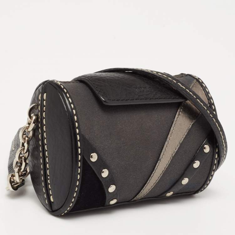 Pre Owned Tod's Black Leather and Canvas Studded Flap Shoulder Bag