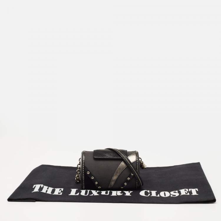 Pre Owned Tod's Black Leather and Canvas Studded Flap Shoulder Bag