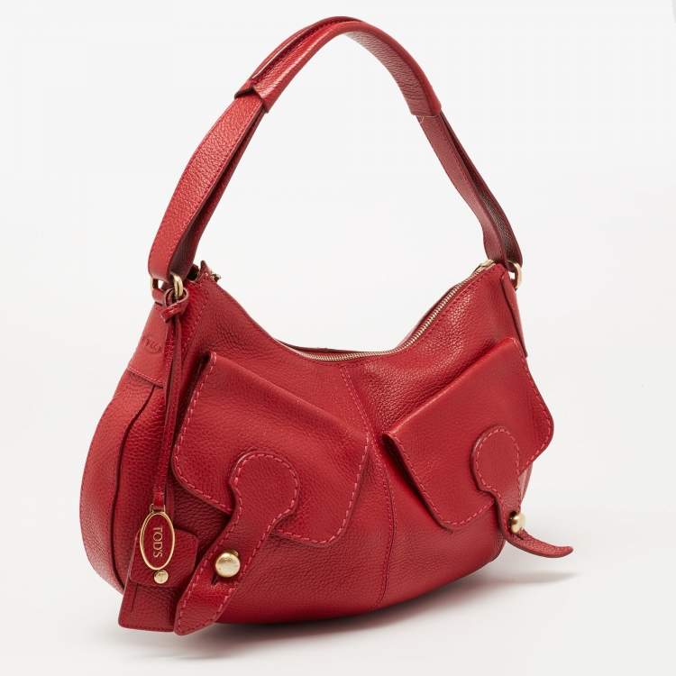 Pre Owned Tod's Red Pebbled Leather Benji Sacca Hobo