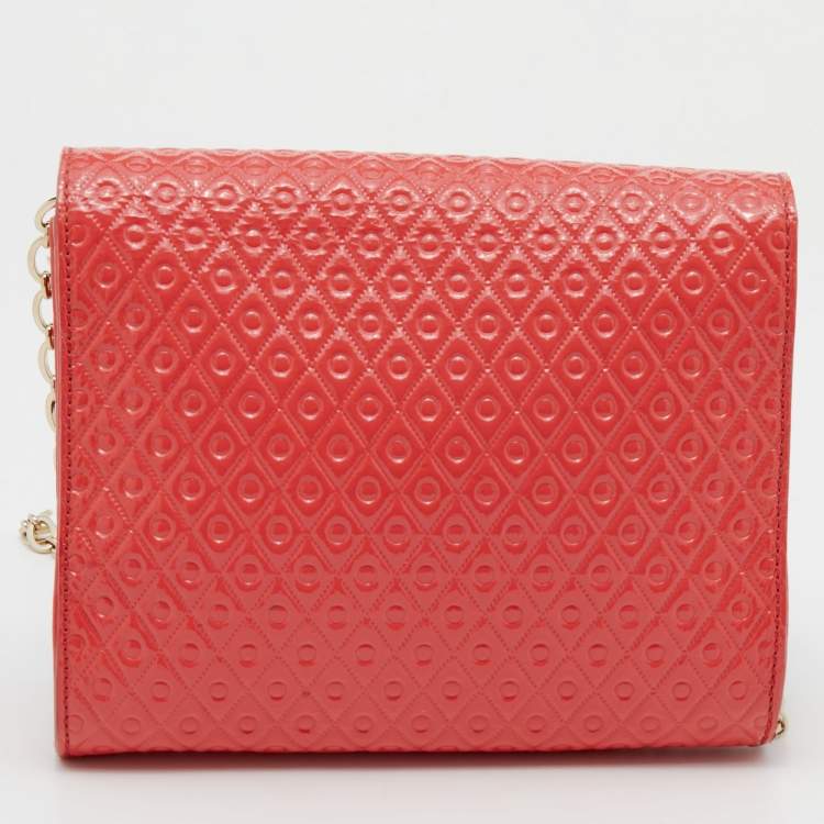 Pre Owned Tod's Coral Orange Signature Embossed Patent Leather Flap Shoulder Bag