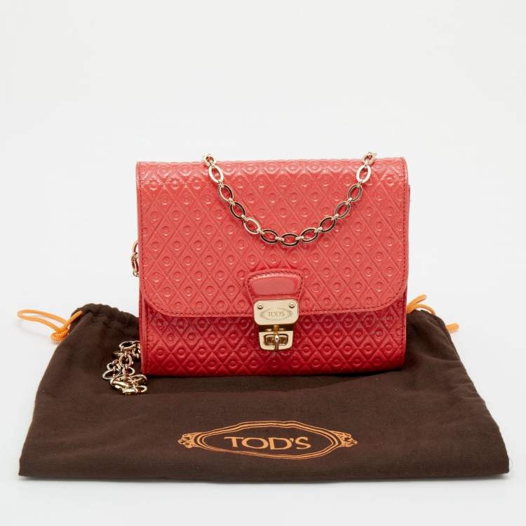 Pre Owned Tod's Coral Orange Signature Embossed Patent Leather Flap Shoulder Bag