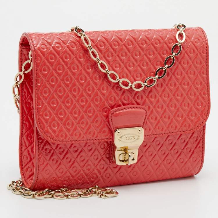 Pre Owned Tod's Coral Orange Signature Embossed Patent Leather Flap Shoulder Bag