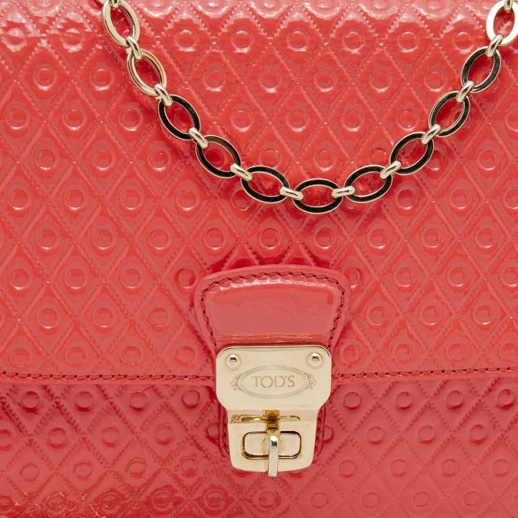 Pre Owned Tod's Coral Orange Signature Embossed Patent Leather Flap Shoulder Bag