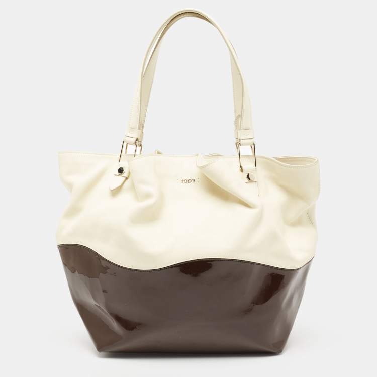 Pre Owned Tod's Cream/Brown Leather and Patent Leather Medium Flower Tote