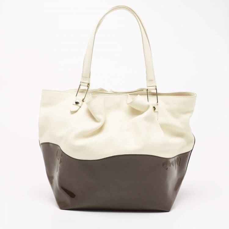 Pre Owned Tod's Cream/Brown Leather and Patent Leather Medium Flower Tote