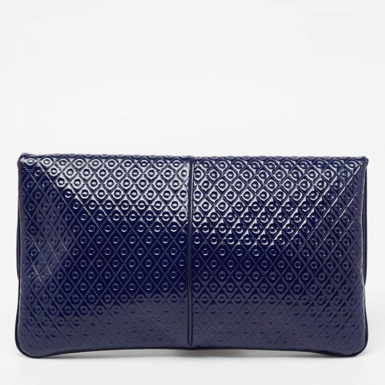 Pre Owned Tod's Blue Signature Embossed Patent Leather Turnlock Flap Clutch