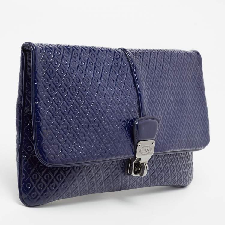 Pre Owned Tod's Blue Signature Embossed Patent Leather Turnlock Flap Clutch