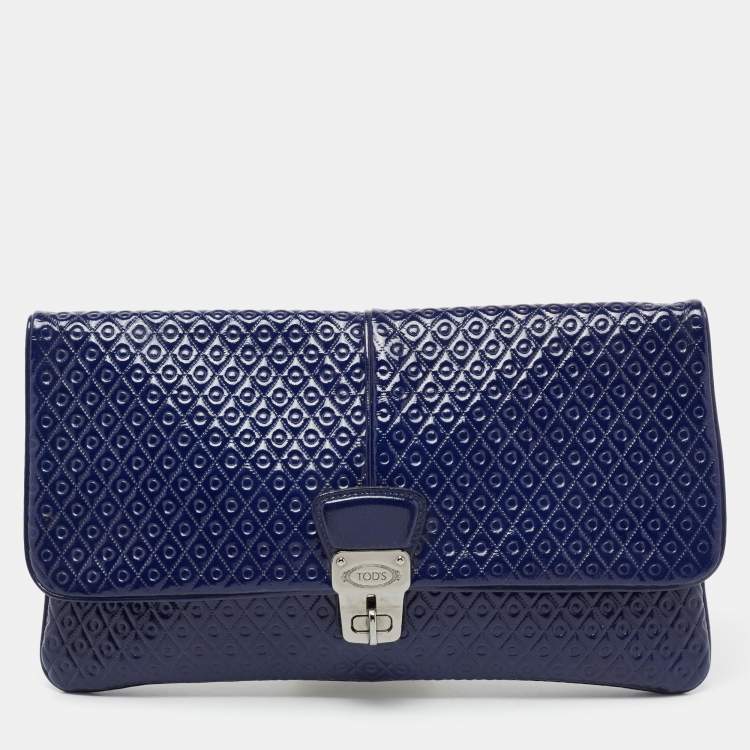 Pre Owned Tod's Blue Signature Embossed Patent Leather Turnlock Flap Clutch