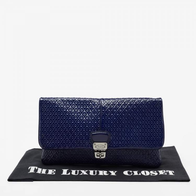 Pre Owned Tod's Blue Signature Embossed Patent Leather Turnlock Flap Clutch