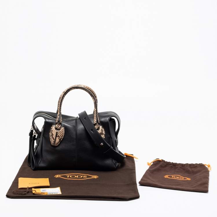 Pre Owned Tod's Black/Beige Leather And Python D-Styling Bauletto Satchel