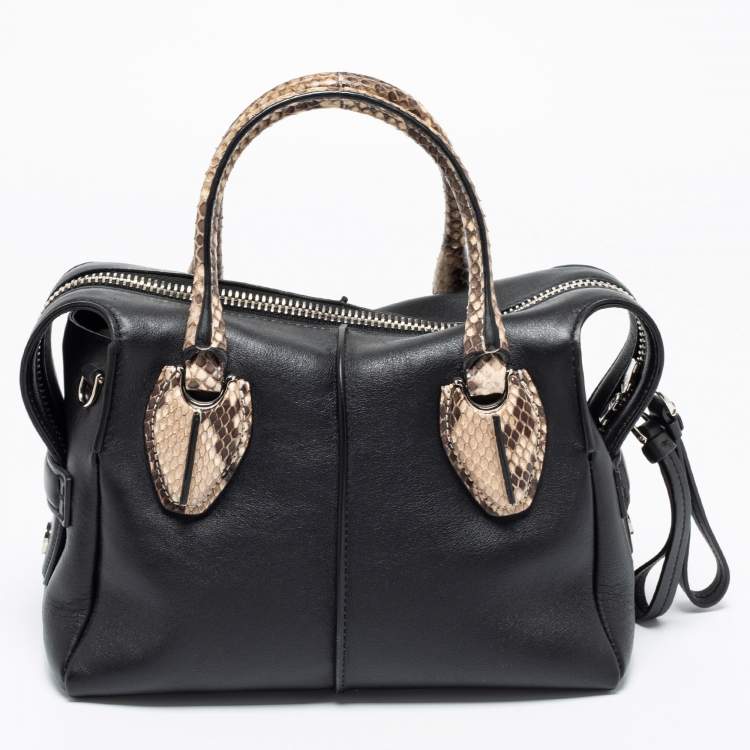 Pre Owned Tod's Black/Beige Leather And Python D-Styling Bauletto Satchel