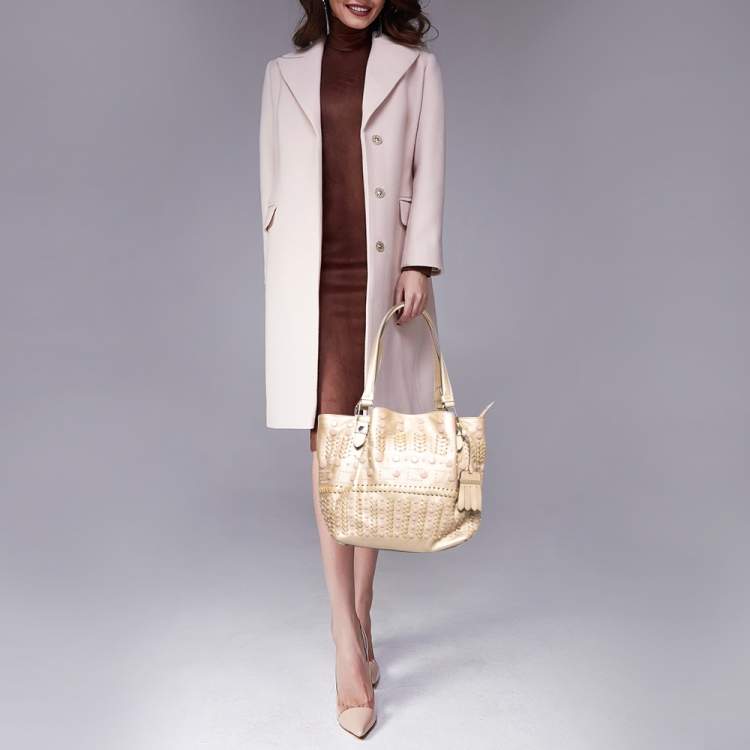 Pre Owned Tod's Metallic Beige Leather Small Studded Flower Tote