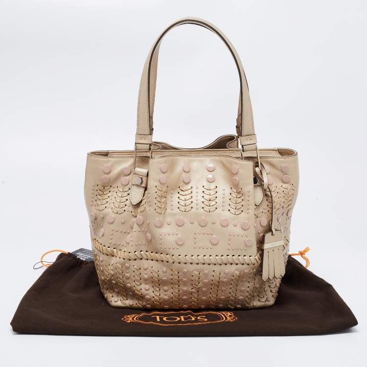 Pre Owned Tod's Metallic Beige Leather Small Studded Flower Tote