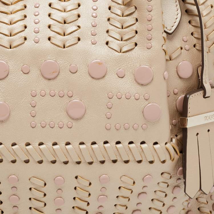 Pre Owned Tod's Metallic Beige Leather Small Studded Flower Tote