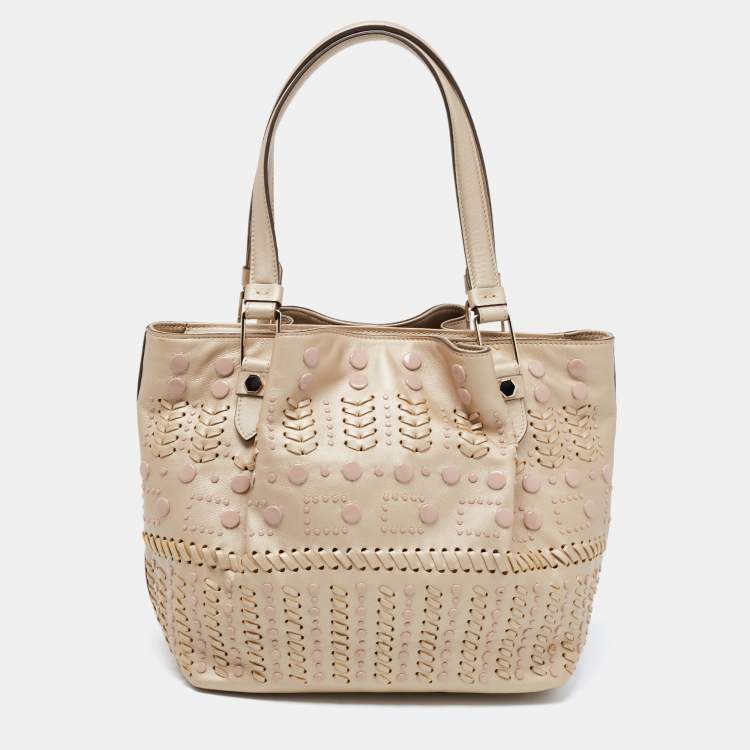 Pre Owned Tod's Metallic Beige Leather Small Studded Flower Tote