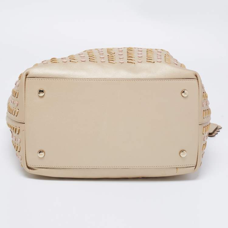 Pre Owned Tod's Metallic Beige Leather Small Studded Flower Tote