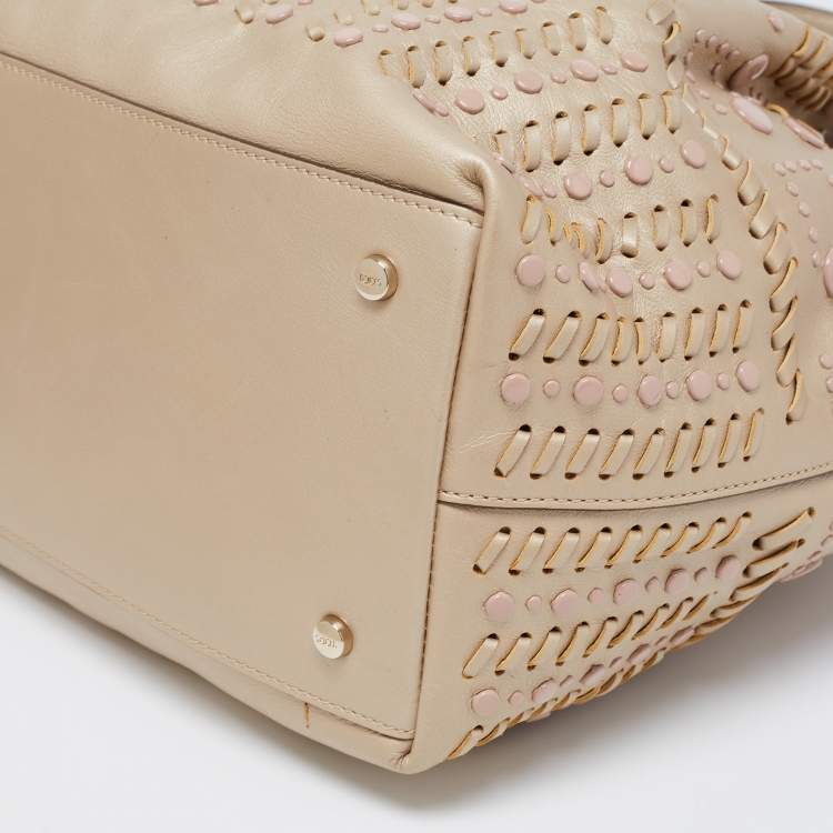 Pre Owned Tod's Metallic Beige Leather Small Studded Flower Tote
