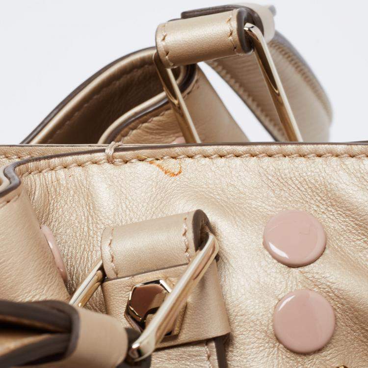 Pre Owned Tod's Metallic Beige Leather Small Studded Flower Tote
