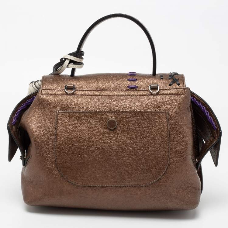 Pre Owned Tod's Metallic Bronze Leather Small Stitched Wave Top Handle Bag