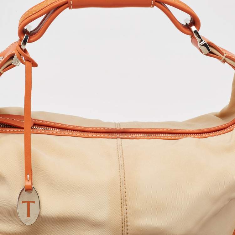 Pre Owned Tod's Beige/Orange Nylon and Leather Charlotte Hobo