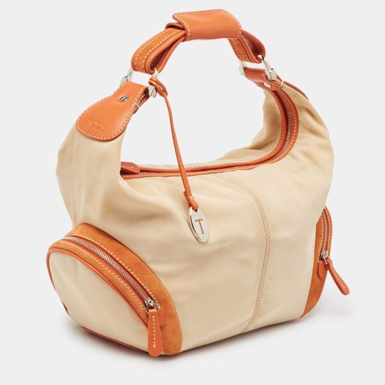 Pre Owned Tod's Beige/Orange Nylon and Leather Charlotte Hobo