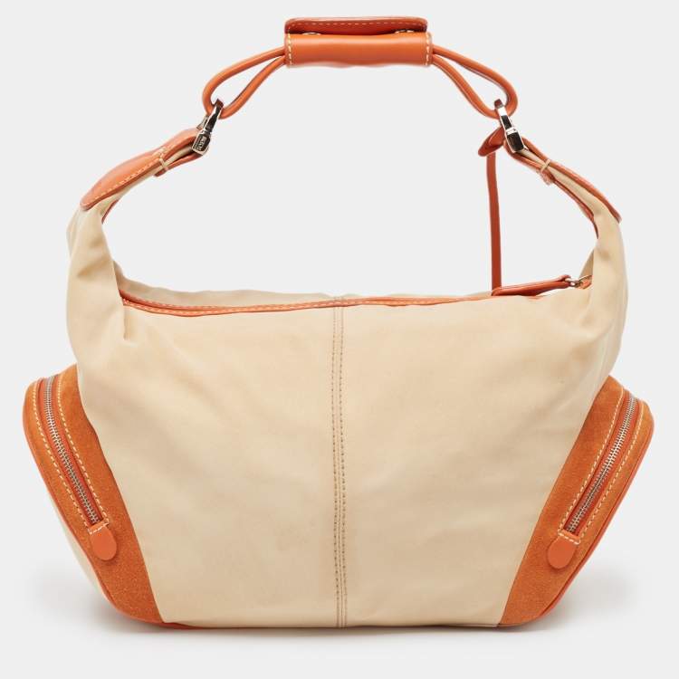 Pre Owned Tod's Beige/Orange Nylon and Leather Charlotte Hobo