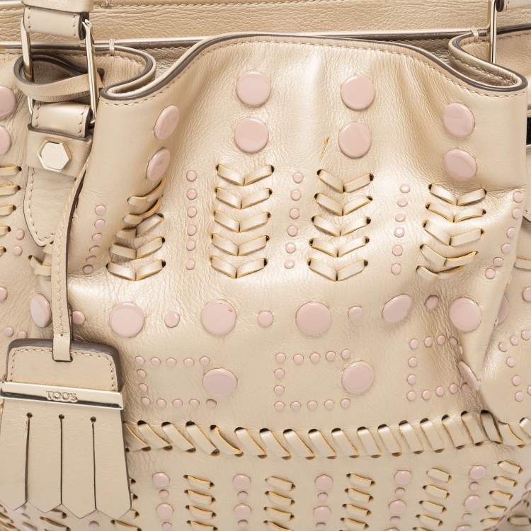 Pre Owned Tod's Metallic Beige Leather Small Studded Flower Tote