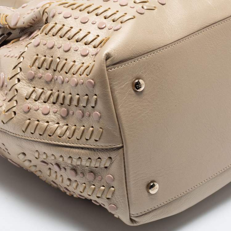 Pre Owned Tod's Metallic Beige Leather Small Studded Flower Tote
