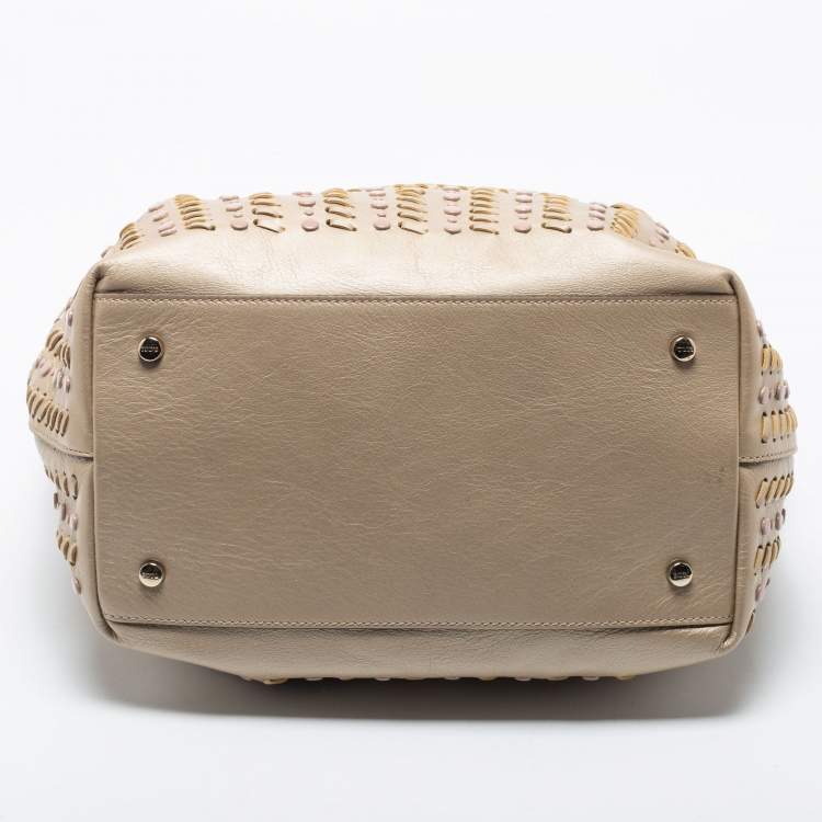 Pre Owned Tod's Metallic Beige Leather Small Studded Flower Tote