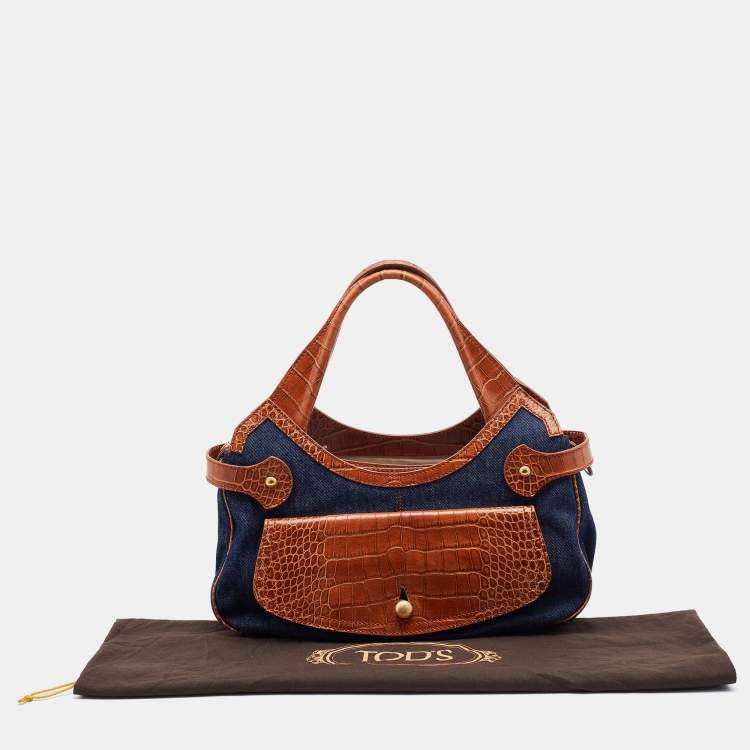 Pre Owned Tod's Blue/Brown Denim and Croc Embossed Leather Front Pocket Hobo