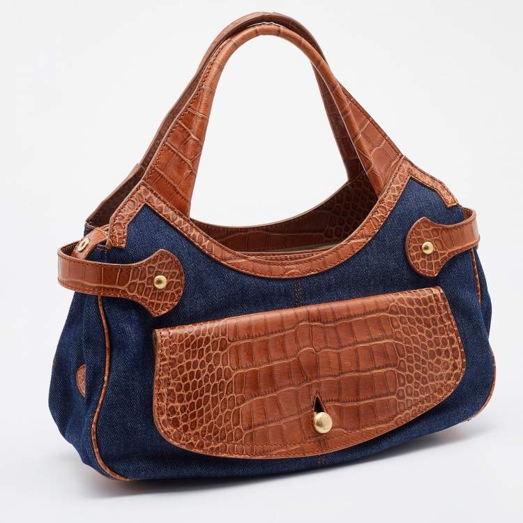 Pre Owned Tod's Blue/Brown Denim and Croc Embossed Leather Front Pocket Hobo