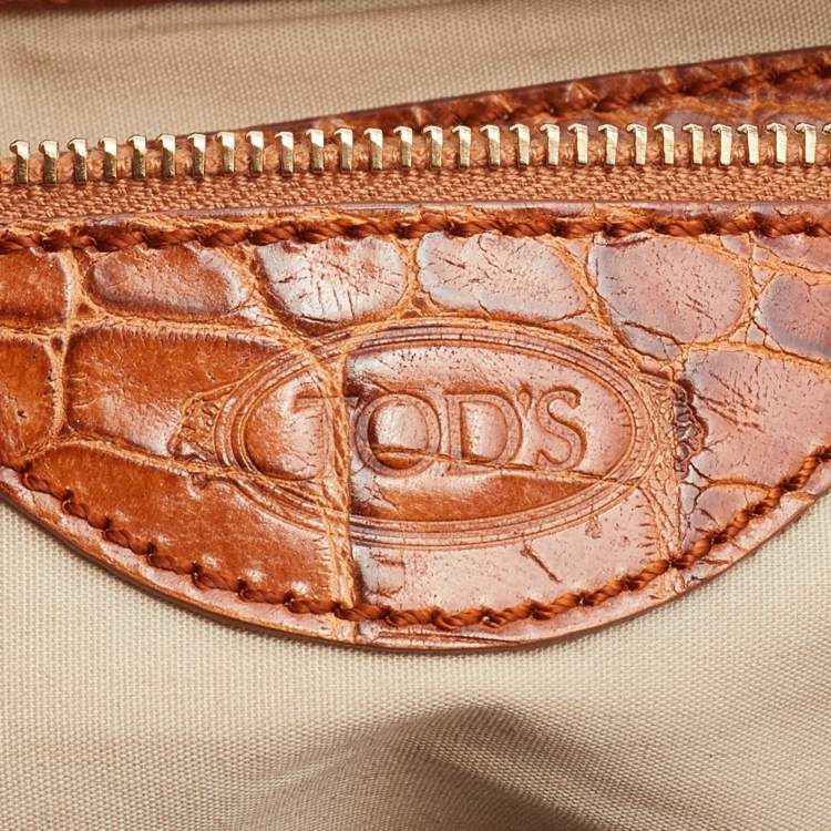 Pre Owned Tod's Blue/Brown Denim and Croc Embossed Leather Front Pocket Hobo