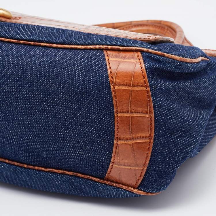 Pre Owned Tod's Blue/Brown Denim and Croc Embossed Leather Front Pocket Hobo
