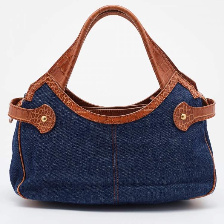 Pre Owned Tod's Blue/Brown Denim and Croc Embossed Leather Front Pocket Hobo