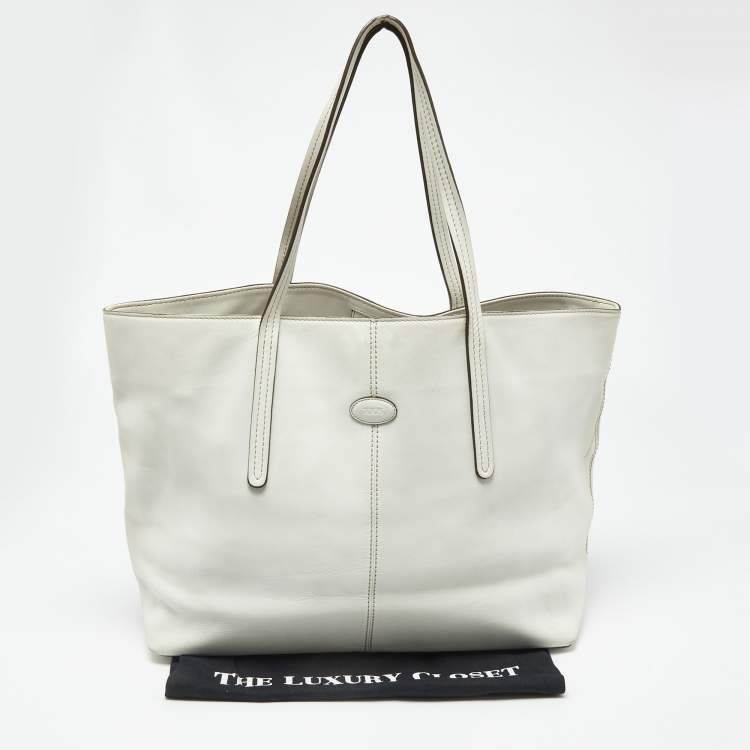 Pre Owned Tod's White Leather Logo Shopper Tote