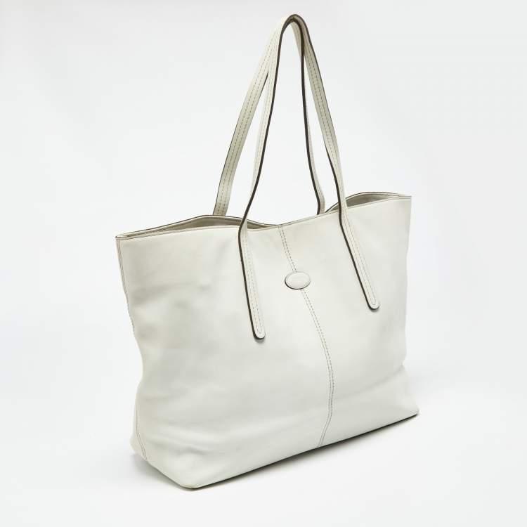 Pre Owned Tod's White Leather Logo Shopper Tote