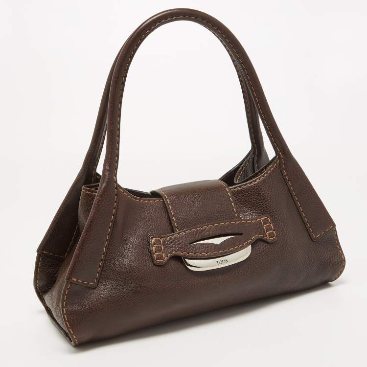 Pre Owned Tod's Dark Brown Leather Metal Flap Shoulder Bag