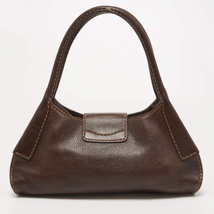 Pre Owned Tod's Dark Brown Leather Metal Flap Shoulder Bag