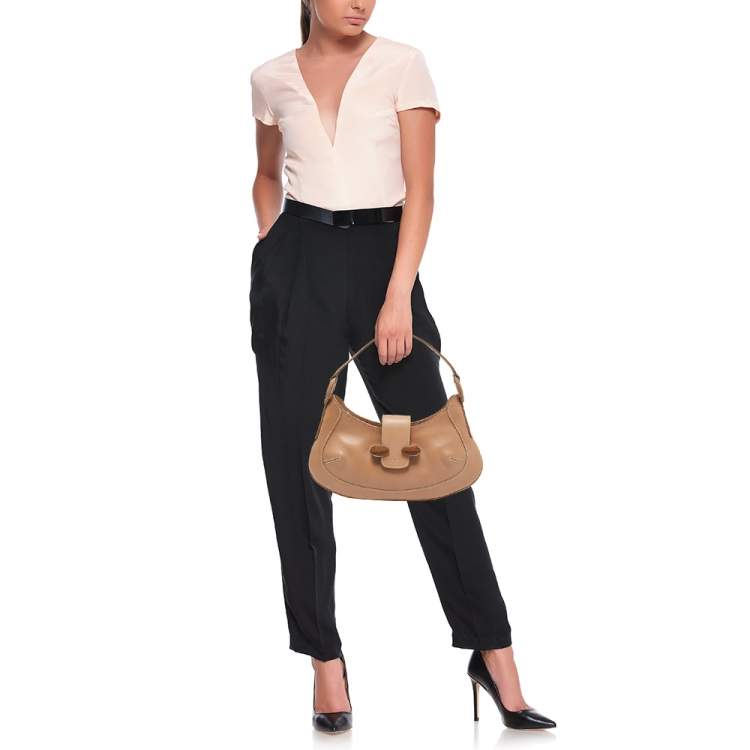 Pre Owned Tod's Beige Leather Wooden Flap Hobo 