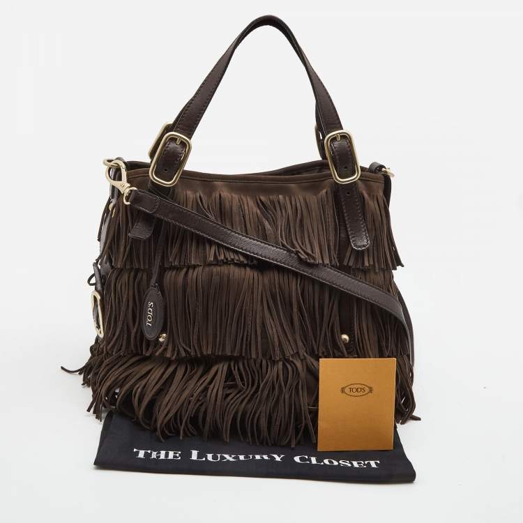 Pre Owned Tod's Brown Suede G-Line Fringe Media Tote
