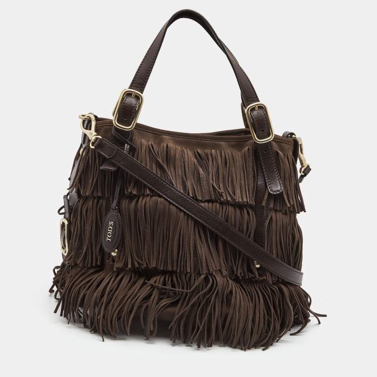 Pre Owned Tod's Brown Suede G-Line Fringe Media Tote