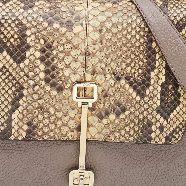 Pre Owned Tod's Grey/Beige Leather and Python Flap Top Handle Bag