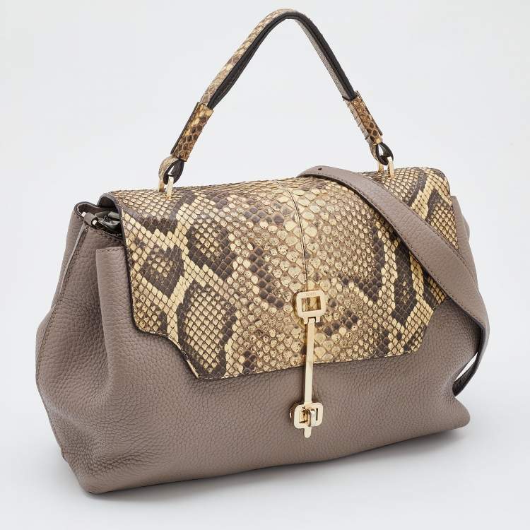 Pre Owned Tod's Grey/Beige Leather and Python Flap Top Handle Bag