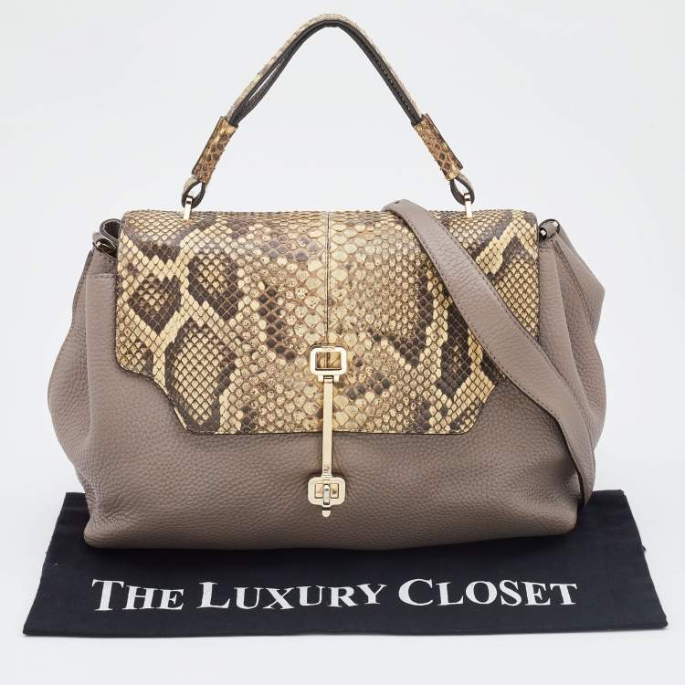 Pre Owned Tod's Grey/Beige Leather and Python Flap Top Handle Bag